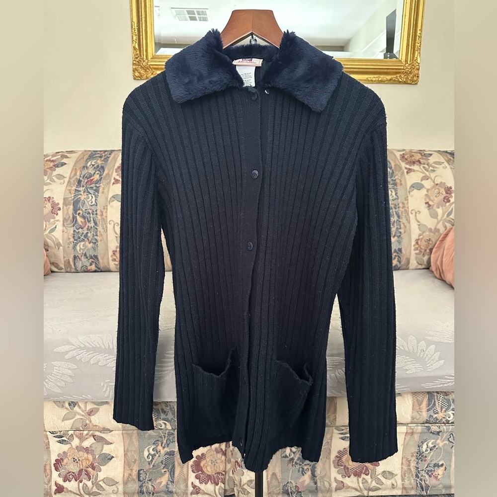 Vintage Faded Glory Navy Blue Sweater with Faux Fur Collar